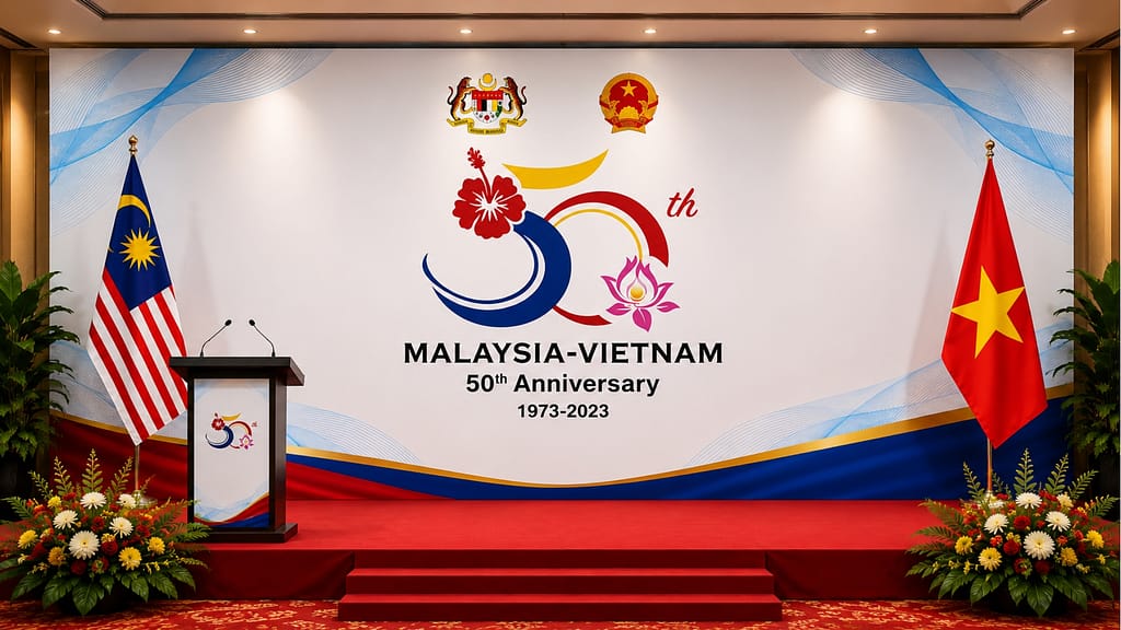 Malaysia–Vietnam 50th Anniversary diplomatic relations event stage branding design featuring commemorative logo, embassy ceremony backdrop, and official diplomatic event presentation.