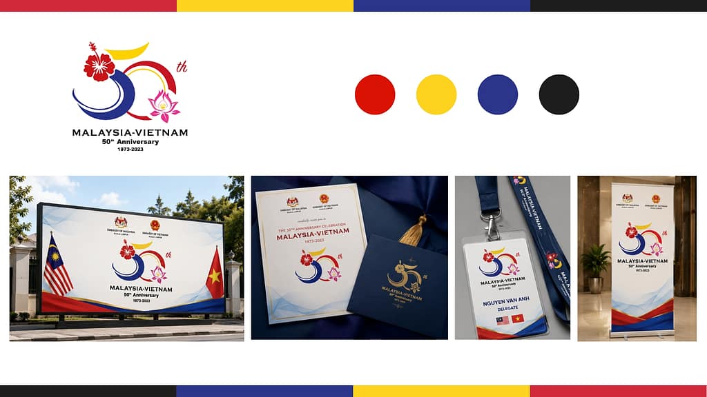Malaysia–Vietnam 50th Anniversary diplomatic branding applications featuring commemorative logo design, embassy event identity system, official stationery, event backdrop, delegate pass, and ceremonial visual presentation materials.