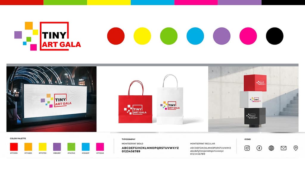 Tiny Art Gala corporate identity design system featuring logo development, colour palette, typography, branding applications, merchandise, and exhibition visual identity presentation.
