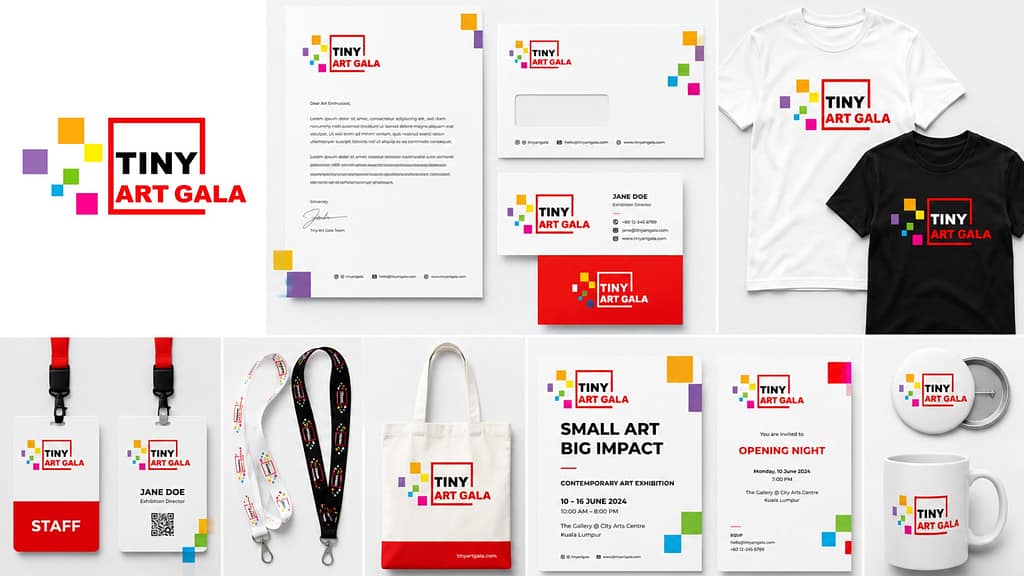 Tiny Art Gala branding applications featuring corporate identity design, stationery system, merchandise, exhibition materials, event collateral, and visual branding presentation.