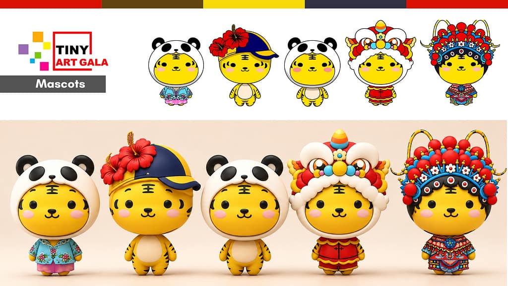 Tiny Art Gala mascot character design featuring culturally inspired tiger mascots developed in both illustrated and 3D styles for exhibition branding and visual identity applications.
