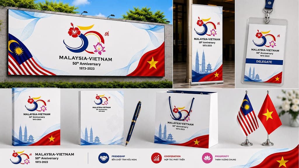 Malaysia–Vietnam 50th Anniversary diplomatic relations event stage branding design featuring commemorative logo, embassy ceremony backdrop, and official diplomatic event presentation.