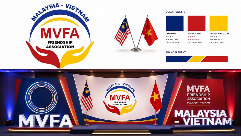 Malaysia–Vietnam Friendship Association (MVFA) branding identity system and stage backdrop design celebrating diplomatic relations between Malaysia and Vietnam