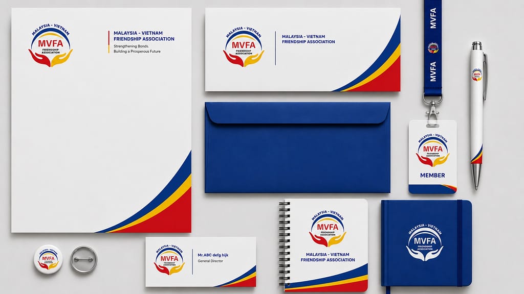 Malaysia–Vietnam Friendship Association (MVFA) branding identity system and stage backdrop design celebrating diplomatic relations between Malaysia and Vietnam