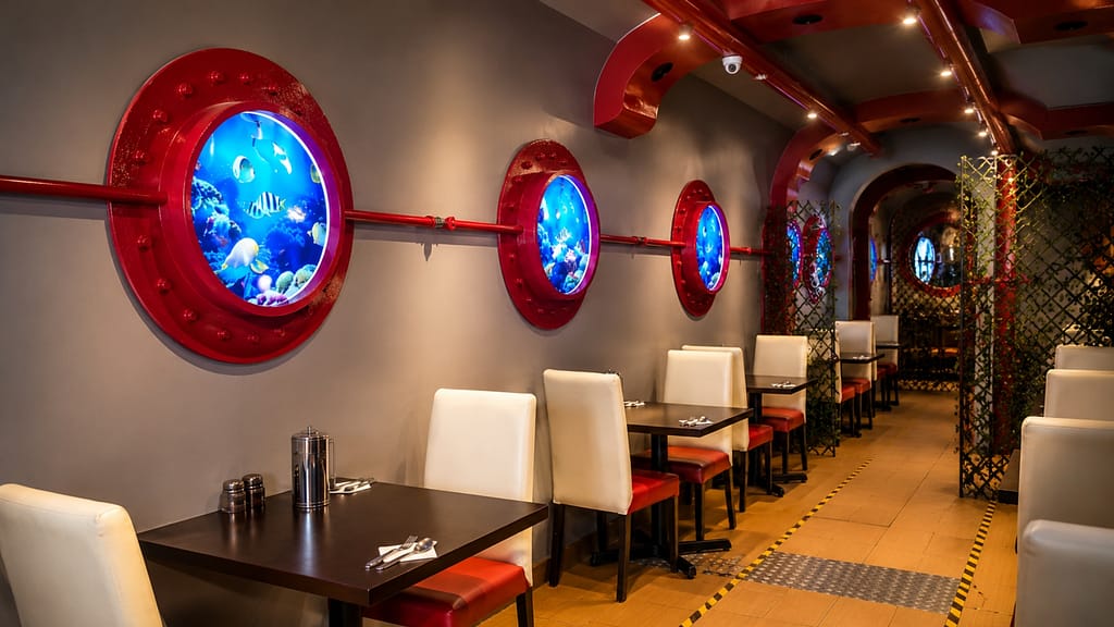 Submarine Scorpene II Restaurant exterior branding design and immersive submarine-themed restaurant concept in Kuala Lumpur Malaysia