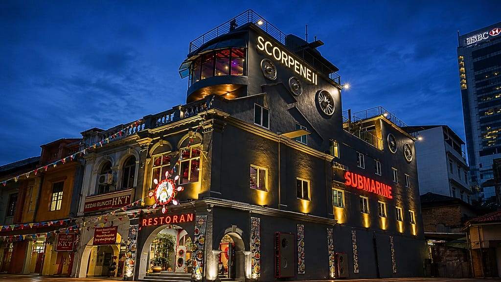 Submarine Scorpene II Restaurant exterior branding design and immersive submarine-themed restaurant concept in Kuala Lumpur Malaysia