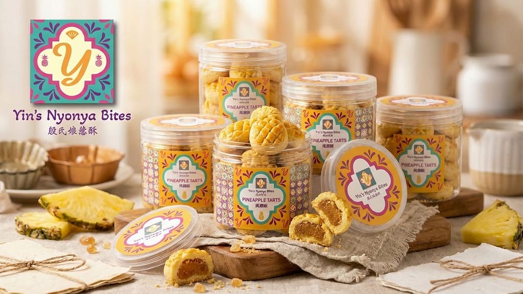 Yin’s Nyonya Bites pineapple tart packaging and corporate identity design featuring Peranakan-inspired branding and premium food packaging presentation.