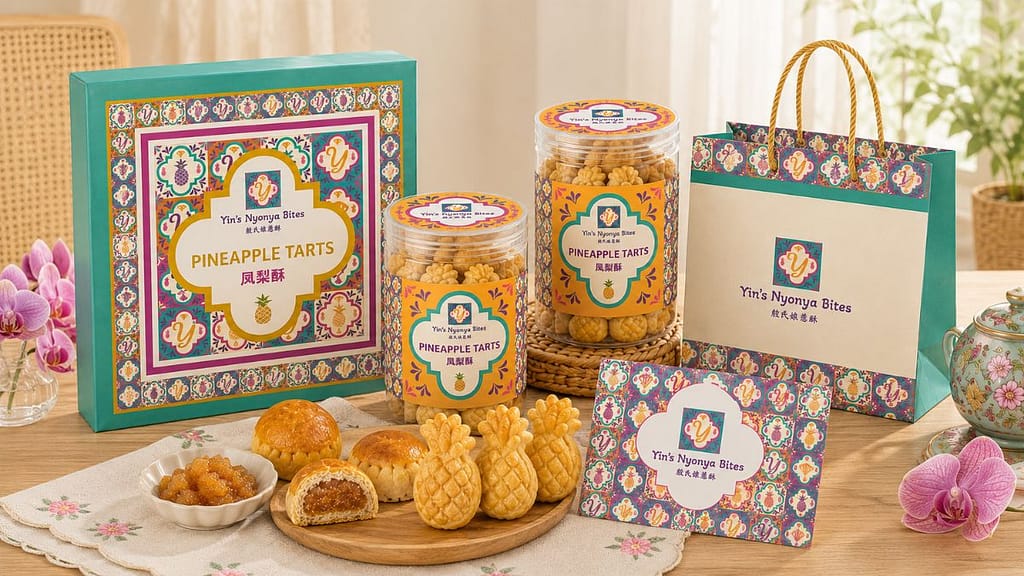 Yin’s Nyonya Bites corporate identity design featuring Peranakan-inspired packaging, pineapple tart product branding, and visual identity system.