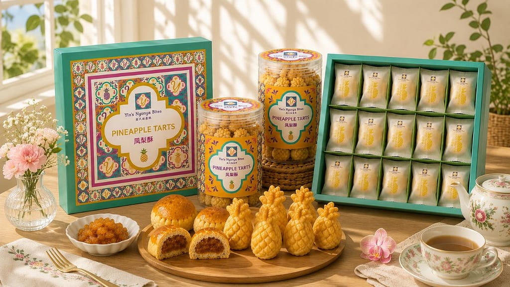Yin’s Nyonya Bites corporate identity design featuring Peranakan-inspired packaging, pineapple tart product branding, and visual identity system.