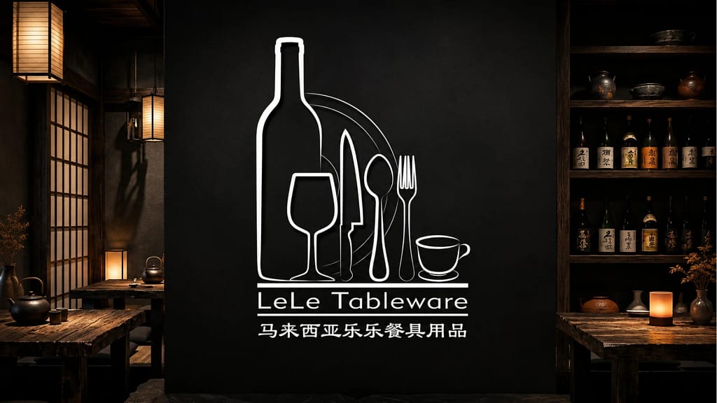 Leletableware Japanese Restaurant Tableware Brand Identity Design by Serah Siew Leletableware brand identity logo signage featuring Japanese restaurant tableware, sake bottle, wine glass, knife, spoon, fork, and cup illustration — wholesale Japanese ceramic and kitchenware supplier branding design by Serah Siew