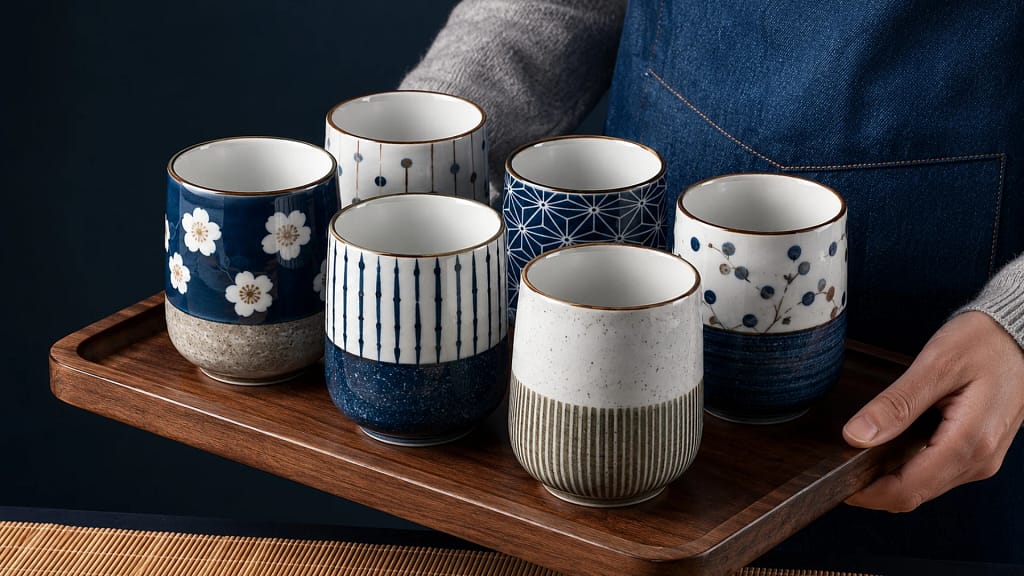 Authentic Japanese Ceramic Cups and Restaurant Tableware by Leletableware Malaysia Authentic Japanese ceramic cups and tableware collection displayed on wooden serving tray — imported Japanese diningware and restaurant tableware supplied by Leletableware, Malaysia wholesale Japanese ceramic supplier, branding project by Serah Siew