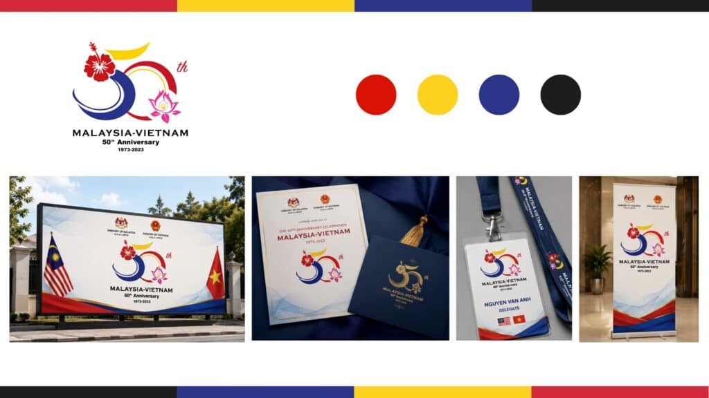 Malaysia–Vietnam 50th Anniversary diplomatic branding applications featuring commemorative logo design, embassy event identity system, official stationery, event backdrop, delegate pass, and ceremonial visual presentation materials.