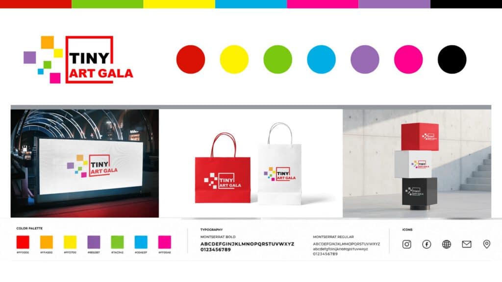 Tiny Art Gala corporate identity design system featuring logo development, colour palette, typography, branding applications, merchandise, and exhibition visual identity presentation.
