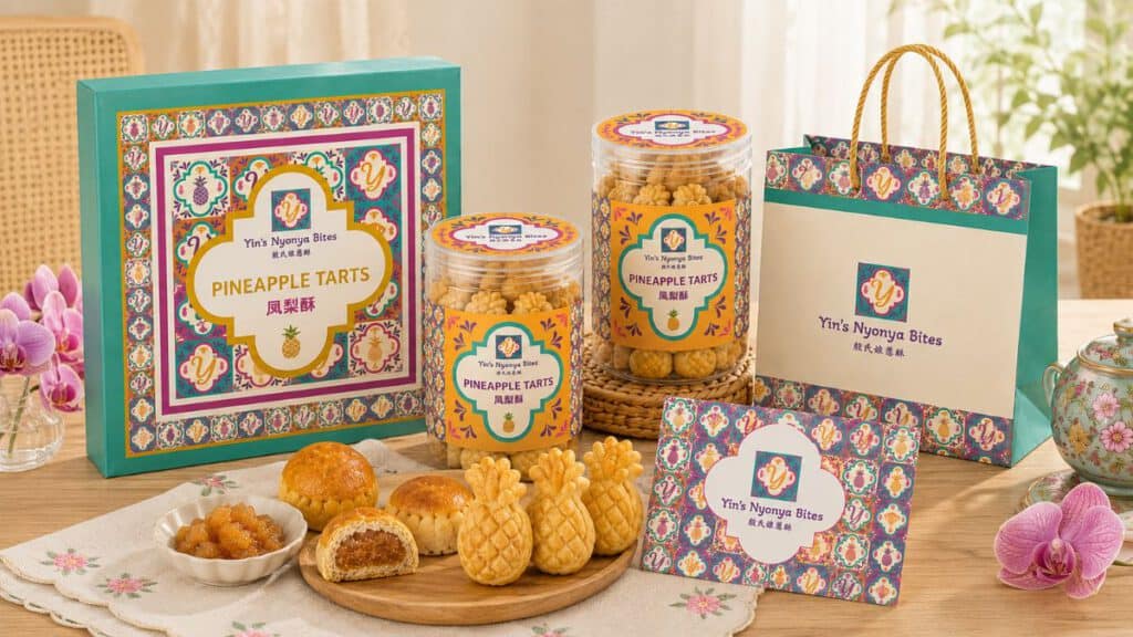 Yin’s Nyonya Bites corporate identity design featuring Peranakan-inspired packaging, pineapple tart product branding, and visual identity system.