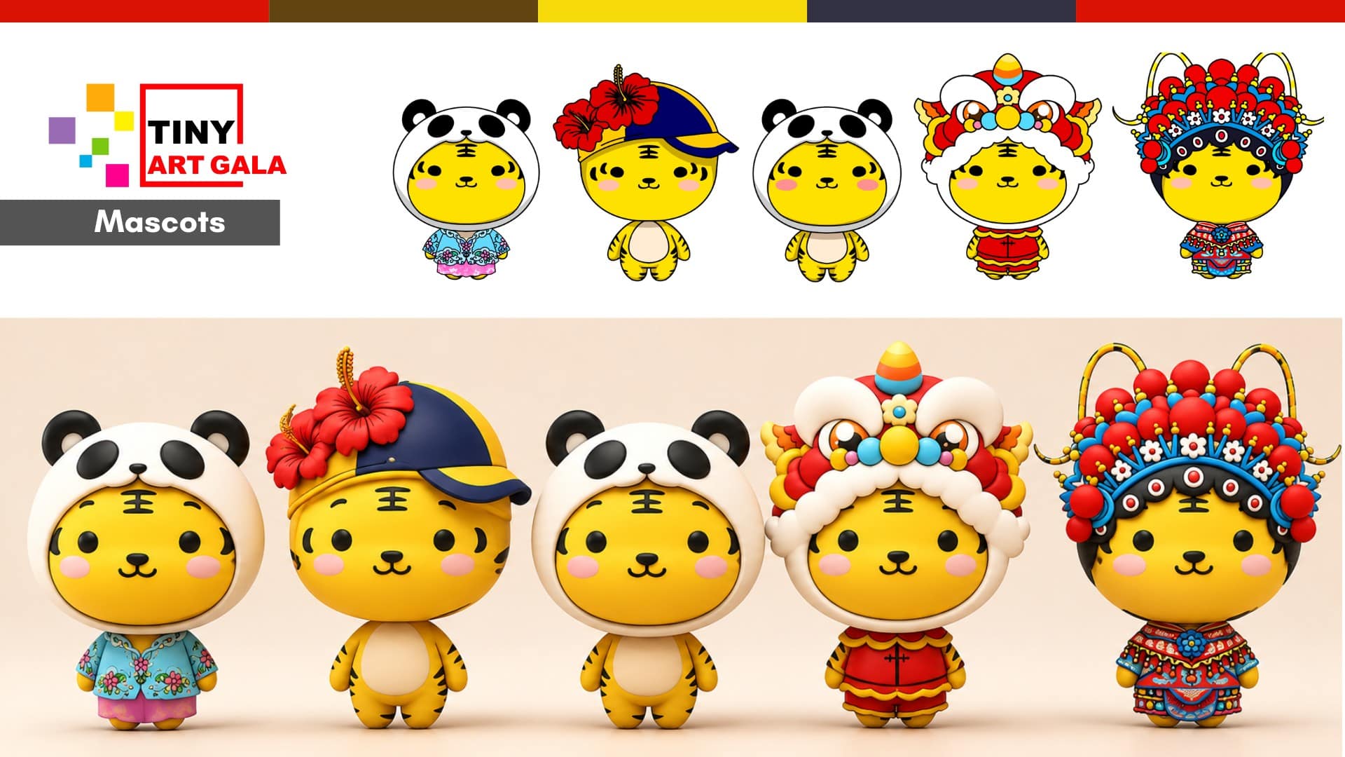 Tiny Art Gala mascot character design series featuring multicultural costume concepts and 3D mascot development for international miniature art exhibition branding.